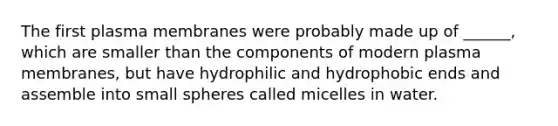 The first plasma membranes were probably made up of ______, which are smaller than the components of modern plasma membranes, but have hydrophilic and hydrophobic ends and assemble into small spheres called micelles in water.