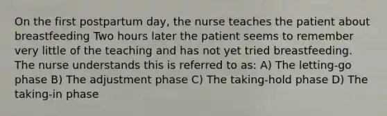 On the first postpartum day, the nurse teaches the patient about breastfeeding Two hours later the patient seems to remember very little of the teaching and has not yet tried breastfeeding. The nurse understands this is referred to as: A) The letting-go phase B) The adjustment phase C) The taking-hold phase D) The taking-in phase