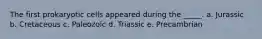 The first prokaryotic cells appeared during the _____. a. Jurassic b. Cretaceous c. Paleozoic d. Triassic e. Precambrian