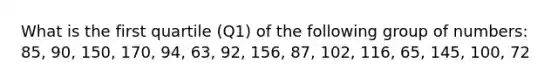 What is the first quartile (Q1) of the following group of numbers: 85, 90, 150, 170, 94, 63, 92, 156, 87, 102, 116, 65, 145, 100, 72