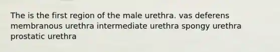 The is the first region of the male urethra. vas deferens membranous urethra intermediate urethra spongy urethra prostatic urethra