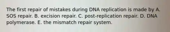 The first repair of mistakes during DNA replication is made by A. SOS repair. B. excision repair. C. post-replication repair. D. DNA polymerase. E. the mismatch repair system.