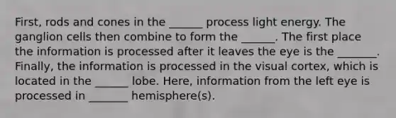 First, rods and cones in the ______ process light energy. The ganglion cells then combine to form the ______. The first place the information is processed after it leaves the eye is the _______. Finally, the information is processed in the visual cortex, which is located in the ______ lobe. Here, information from the left eye is processed in _______ hemisphere(s).