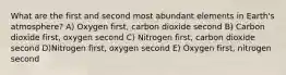 What are the first and second most abundant elements in Earth's atmosphere? A) Oxygen first, carbon dioxide second B) Carbon dioxide first, oxygen second C) Nitrogen first, carbon dioxide second D)Nitrogen first, oxygen second E) Oxygen first, nitrogen second