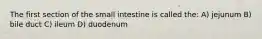 The first section of the small intestine is called the: A) jejunum B) bile duct C) ileum D) duodenum