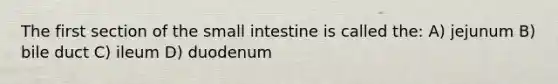 The first section of the small intestine is called the: A) jejunum B) bile duct C) ileum D) duodenum