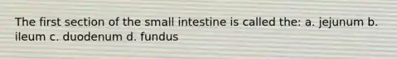 The first section of the small intestine is called the: a. jejunum b. ileum c. duodenum d. fundus