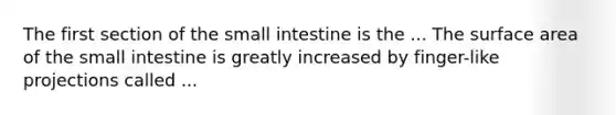 The first section of the small intestine is the ... The surface area of the small intestine is greatly increased by finger-like projections called ...