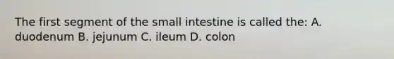 The first segment of the small intestine is called the: A. duodenum B. jejunum C. ileum D. colon