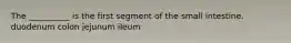 The __________ is the first segment of the small intestine. duodenum colon jejunum ileum