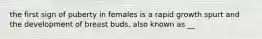 the first sign of puberty in females is a rapid growth spurt and the development of breast buds, also known as __