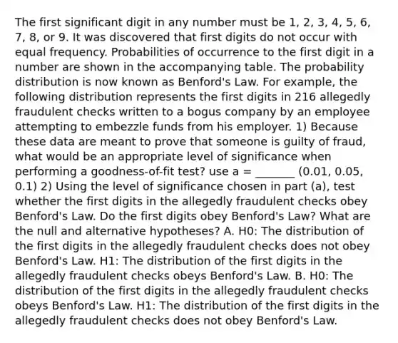 The first significant digit in any number must be​ 1, 2,​ 3, 4,​ 5, 6,​ 7, 8, or 9. It was discovered that first digits do not occur with equal frequency. Probabilities of occurrence to the first digit in a number are shown in the accompanying table. The probability distribution is now known as​ Benford's Law. For​ example, the following distribution represents the first digits in 216 allegedly fraudulent checks written to a bogus company by an employee attempting to embezzle funds from his employer. 1) Because these data are meant to prove that someone is guilty of​ fraud, what would be an appropriate level of significance when performing a​ goodness-of-fit test? use a = _______ (0.01, 0.05, 0.1) 2) Using the level of significance chosen in part​ (a), test whether the first digits in the allegedly fraudulent checks obey​ Benford's Law. Do the first digits obey​ Benford's Law? What are the null and alternative​ hypotheses? A. H0​: The distribution of the first digits in the allegedly fraudulent checks does not obey​ Benford's Law. H1​: The distribution of the first digits in the allegedly fraudulent checks obeys​ Benford's Law. B. H0​: The distribution of the first digits in the allegedly fraudulent checks obeys​ Benford's Law. H1​: The distribution of the first digits in the allegedly fraudulent checks does not obey​ Benford's Law.