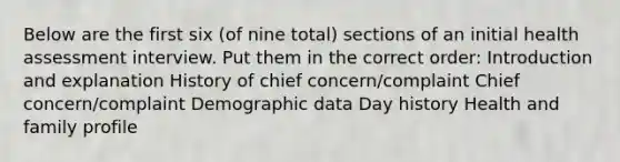 Below are the first six (of nine total) sections of an initial health assessment interview. Put them in the correct order: Introduction and explanation History of chief concern/complaint Chief concern/complaint Demographic data Day history Health and family profile