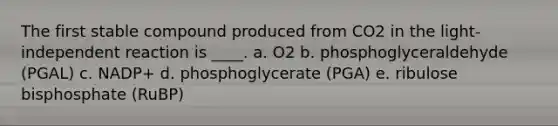 The first stable compound produced from CO2 in the light-independent reaction is ____.​ a. ​O2 b. ​phosphoglyceraldehyde (PGAL) c. NADP+​ d. ​phosphoglycerate (PGA) e. ​ribulose bisphosphate (RuBP)