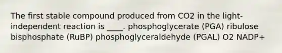 The first stable compound produced from CO2 in the light-independent reaction is ____.​ ​phosphoglycerate (PGA) ​ribulose bisphosphate (RuBP) ​phosphoglyceraldehyde (PGAL) ​O2 NADP+​