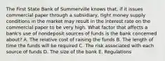 The First State Bank of Summerville knows that, if it issues commercial paper through a subsidiary, tight money supply conditions in the market may result in the interest rate on the commercial paper to be very high. What factor that affects a bank's use of nondeposit sources of funds is the bank concerned about? A. The relative cost of raising the funds B. The length of time the funds will be required C. The risk associated with each source of funds D. The size of the bank E. Regulations