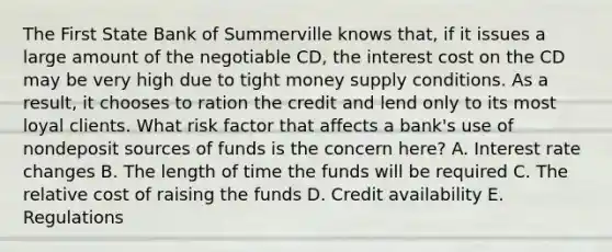 The First State Bank of Summerville knows that, if it issues a large amount of the negotiable CD, the interest cost on the CD may be very high due to tight money supply conditions. As a result, it chooses to ration the credit and lend only to its most loyal clients. What risk factor that affects a bank's use of nondeposit sources of funds is the concern here? A. Interest rate changes B. The length of time the funds will be required C. The relative cost of raising the funds D. Credit availability E. Regulations