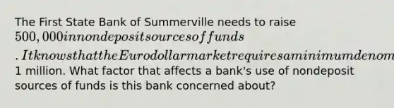 The First State Bank of Summerville needs to raise 500,000 in nondeposit sources of funds. It knows that the Eurodollar market requires a minimum denomination of1 million. What factor that affects a bank's use of nondeposit sources of funds is this bank concerned about?