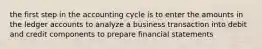 the first step in the accounting cycle is to enter the amounts in the ledger accounts to analyze a business transaction into debit and credit components to prepare financial statements