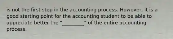 is not the first step in the accounting process. However, it is a good starting point for the accounting student to be able to appreciate better the "_________" of the entire accounting process.