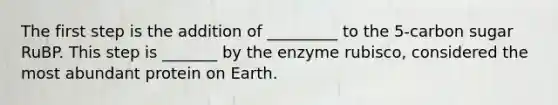 The first step is the addition of _________ to the 5-carbon sugar RuBP. This step is _______ by the enzyme rubisco, considered the most abundant protein on Earth.