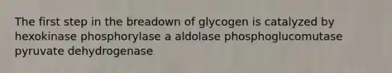 The first step in the breadown of glycogen is catalyzed by hexokinase phosphorylase a aldolase phosphoglucomutase pyruvate dehydrogenase