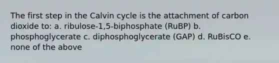 The first step in the Calvin cycle is the attachment of carbon dioxide to: a. ribulose-1,5-biphosphate (RuBP) b. phosphoglycerate c. diphosphoglycerate (GAP) d. RuBisCO e. none of the above