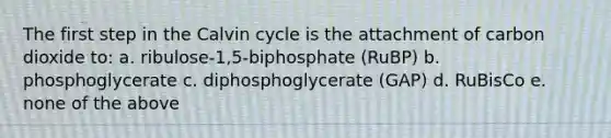 The first step in the Calvin cycle is the attachment of carbon dioxide to: a. ribulose-1,5-biphosphate (RuBP) b. phosphoglycerate c. diphosphoglycerate (GAP) d. RuBisCo e. none of the above