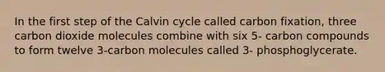 In the first step of the Calvin cycle called carbon fixation, three carbon dioxide molecules combine with six 5- carbon compounds to form twelve 3-carbon molecules called 3- phosphoglycerate.