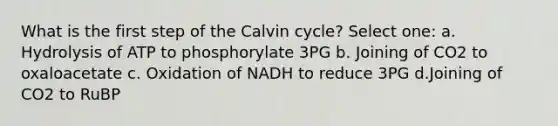 What is the first step of the Calvin cycle? Select one: a. Hydrolysis of ATP to phosphorylate 3PG b. Joining of CO2 to oxaloacetate c. Oxidation of NADH to reduce 3PG d.Joining of CO2 to RuBP