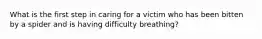 What is the first step in caring for a victim who has been bitten by a spider and is having difficulty breathing?