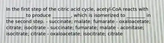 In the first step of the citric acid cycle, acetyl-CoA reacts with ________ to produce ________, which is isomerized to ________ in the second step. - succinate; malate; fumarate - oxaloacetate; citrate; isocitrate - succinate; fumarate; malate - aconitase; isocitrate; citrate - oxaloacetate; isocitrate; citrate