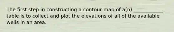 The first step in constructing a contour map of a(n) ____________ table is to collect and plot the elevations of all of the available wells in an area.