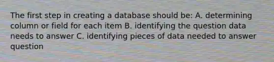 The first step in creating a database should be: A. determining column or field for each item B. identifying the question data needs to answer C. identifying pieces of data needed to answer question