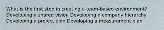 What is the first step in creating a team-based environment? Developing a shared vision Developing a company hierarchy Developing a project plan Developing a measurement plan