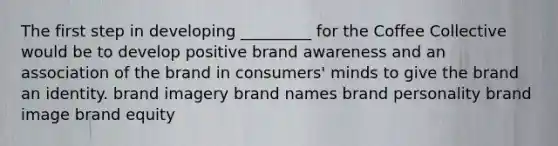 The first step in developing _________ for the Coffee Collective would be to develop positive brand awareness and an association of the brand in consumers' minds to give the brand an identity. brand imagery brand names brand personality brand image brand equity