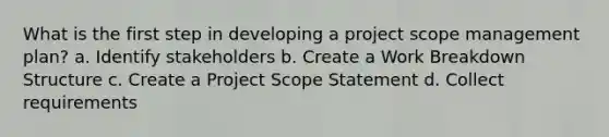 What is the first step in developing a project scope management plan? a. Identify stakeholders b. Create a Work Breakdown Structure c. Create a Project Scope Statement d. Collect requirements