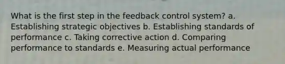 What is the first step in the feedback control system? a. Establishing strategic objectives b. Establishing standards of performance c. Taking corrective action d. Comparing performance to standards e. Measuring actual performance