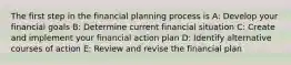 The first step in the financial planning process is A: Develop your financial goals B: Determine current financial situation C: Create and implement your financial action plan D: Identify alternative courses of action E: Review and revise the financial plan