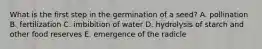 What is the first step in the germination of a seed? A. pollination B. fertilization C. imbibition of water D. hydrolysis of starch and other food reserves E. emergence of the radicle