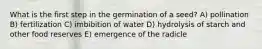 What is the first step in the germination of a seed? A) pollination B) fertilization C) imbibition of water D) hydrolysis of starch and other food reserves E) emergence of the radicle