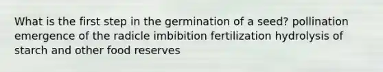 What is the first step in the germination of a seed? pollination emergence of the radicle imbibition fertilization hydrolysis of starch and other food reserves