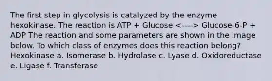 The first step in glycolysis is catalyzed by the enzyme hexokinase. The reaction is ATP + Glucose Glucose-6-P + ADP The reaction and some parameters are shown in the image below. To which class of enzymes does this reaction belong? Hexokinase a. Isomerase b. Hydrolase c. Lyase d. Oxidoreductase e. Ligase f. Transferase