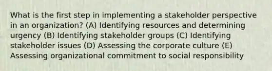 What is the first step in implementing a stakeholder perspective in an organization? (A) Identifying resources and determining urgency (B) Identifying stakeholder groups (C) Identifying stakeholder issues (D) Assessing the corporate culture (E) Assessing organizational commitment to social responsibility