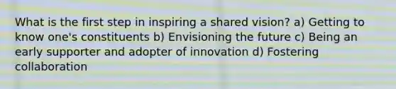 What is the first step in inspiring a shared vision? a) Getting to know one's constituents b) Envisioning the future c) Being an early supporter and adopter of innovation d) Fostering collaboration