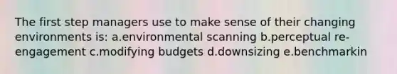 The first step managers use to make sense of their changing environments is: a.environmental scanning b.perceptual re-engagement c.modifying budgets d.downsizing e.benchmarkin