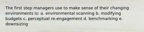 The first step managers use to make sense of their changing environments is: a. environmental scanning b. modifying budgets c. perceptual re-engagement d. benchmarking e. downsizing