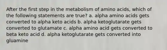 After the first step in the metabolism of amino acids, which of the following statements are true? a. alpha amino acids gets converted to alpha keto acids b. alpha ketoglutarate gets converted to glutamate c. alpha amino acid gets converted to beta keto acid d. alpha ketoglutarate gets converted into gluamine