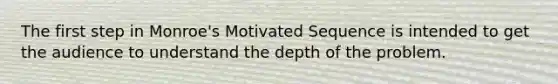 The first step in Monroe's Motivated Sequence is intended to get the audience to understand the depth of the problem.