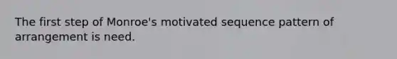 The first step of Monroe's motivated sequence pattern of arrangement is need.